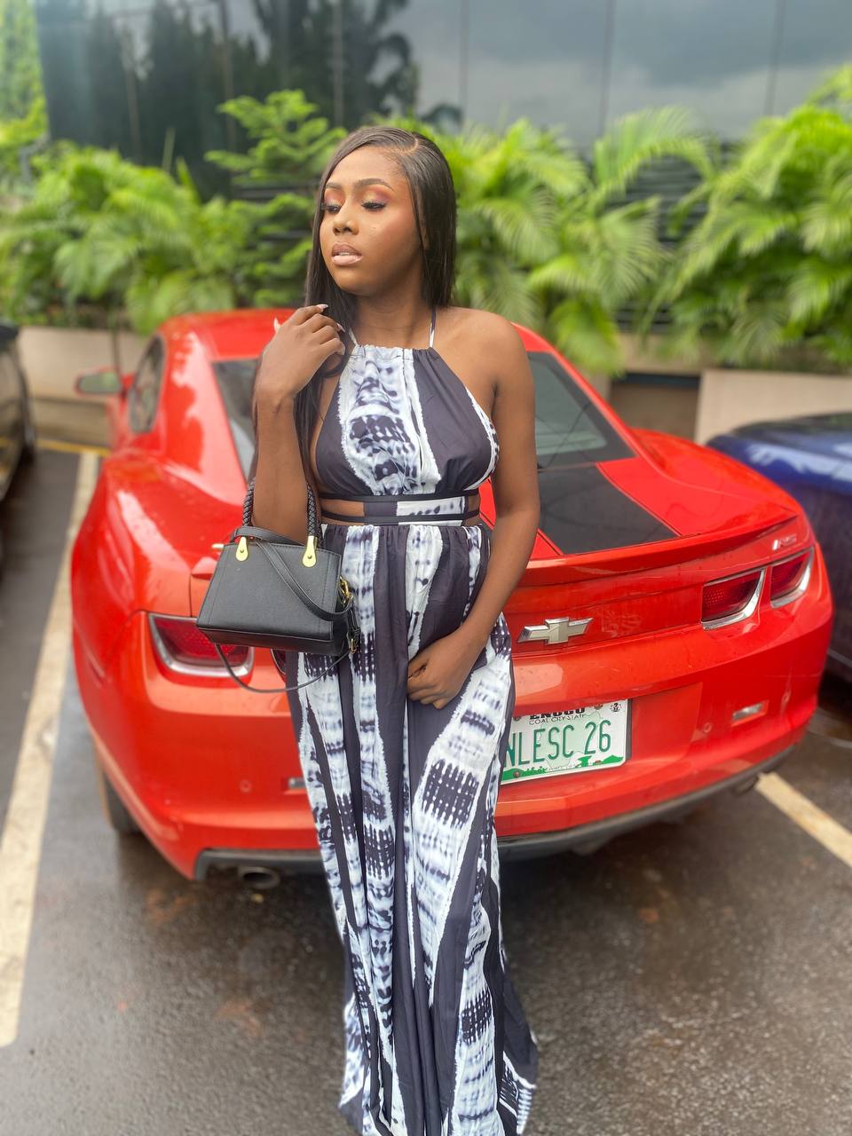 A stunning black and whiteoutfit with a bold flawless design
