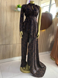 A stunning black crepe two-piece outfit with a bold flowered design