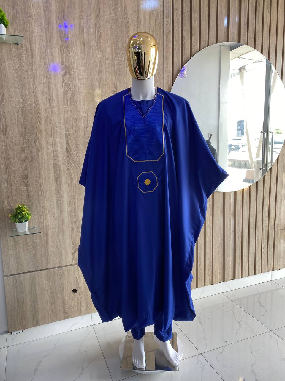 Blue Embroidery Details Agbada, 3/4 Sleeve Kaftan, and Sokoto