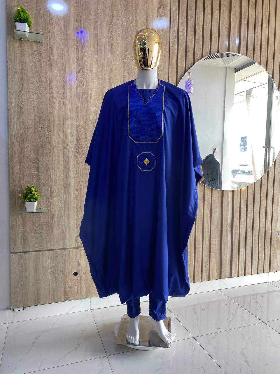 Blue Embroidery Details Agbada, 3/4 Sleeve Kaftan, and Sokoto