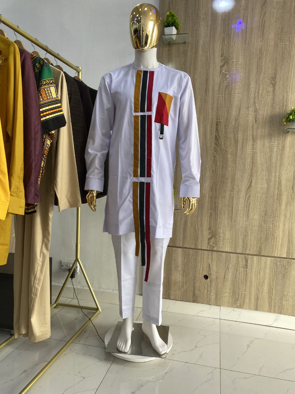 Senator kaftan with bold orange, green and red vertical stripes