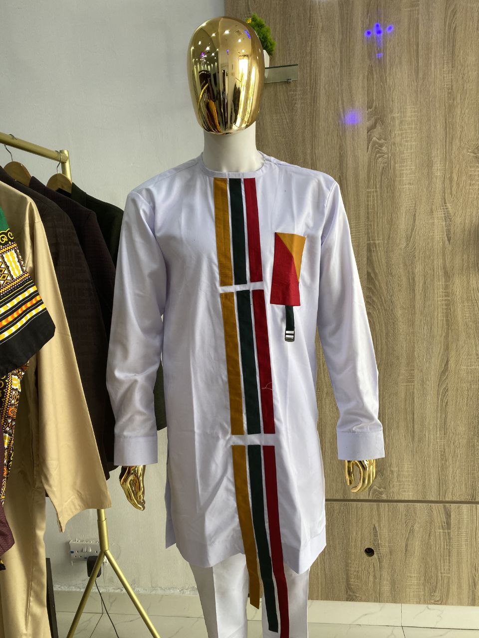 Senator kaftan with bold orange, green and red vertical stripes