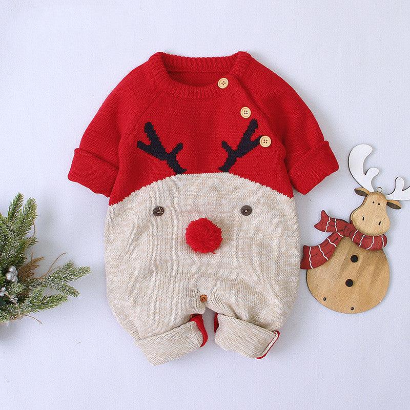 Boys and girls knitted cartoon deer romper Christmas sweater - melvincucci