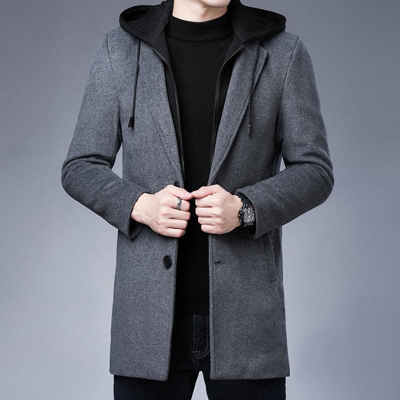 Mens Detachable Hooded Woolen Winter Coat Jacket Mid-Length Single Breasted - melvincucci