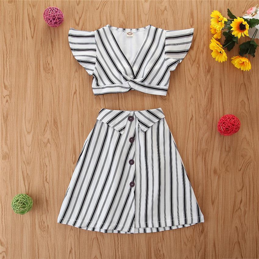 Fashionable white striped mini Fly sleeve dress for girls - melvincucci