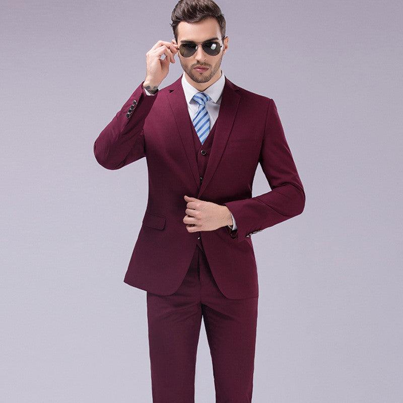 Solid color suit three-piece men's Korean version of the self-cultivation wedding dress business suit - melvincucci