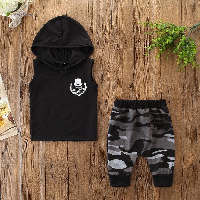 2PCS Toddler Kids Baby Boy Sleeveless Hooded Clothes T-shirt Tops Camo Pants Outfits - melvincucci