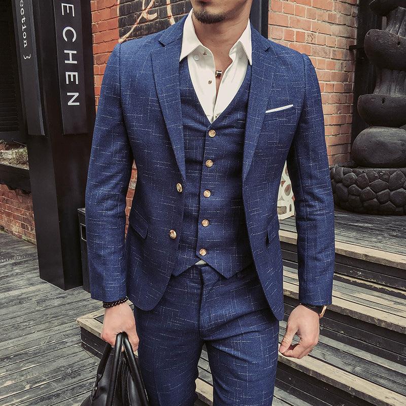 Slim-fit men's plaid print three-piece suit - melvincucci