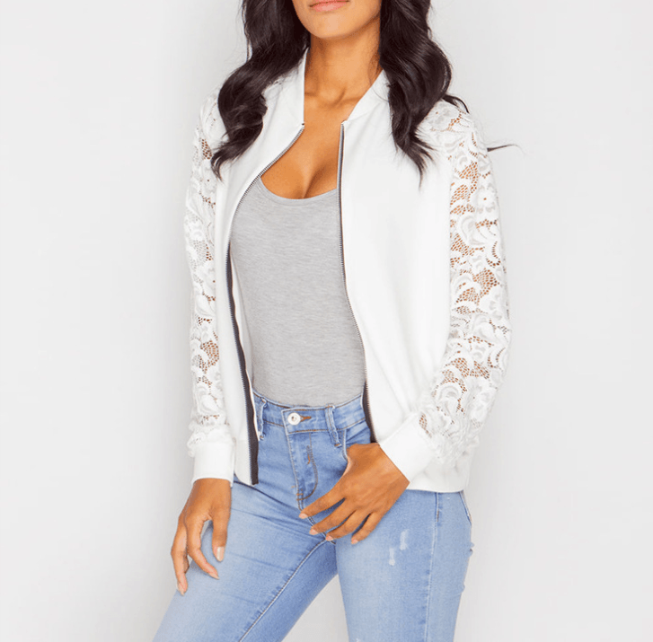 Lace Sleeve Women Basic Coats Long Sleeve Lace Patchwork Transparent Zipper Casual Slim Jacket Coat Bomber Jacket Outwear - melvincucci