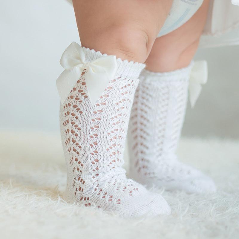 Cute Girls Knee High Socks Bows Cotton Breathable Soft Children Socks Hollow Out Non-slip Newborn Infant Long Socks - melvincucci