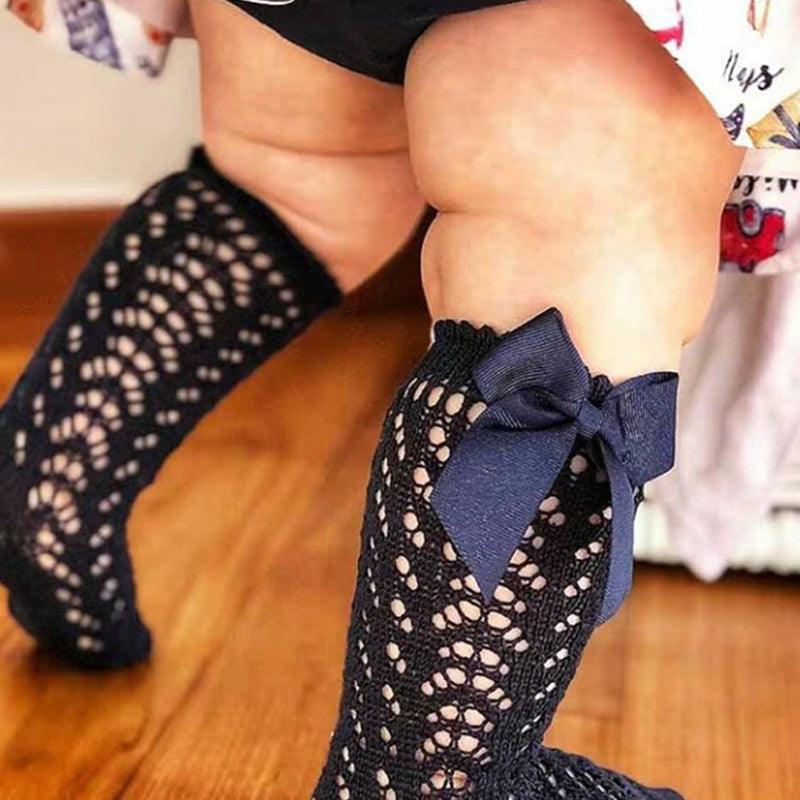 Cute Girls Knee High Socks Bows Cotton Breathable Soft Children Socks Hollow Out Non-slip Newborn Infant Long Socks - melvincucci