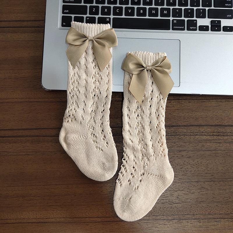 Cute Girls Knee High Socks Bows Cotton Breathable Soft Children Socks Hollow Out Non-slip Newborn Infant Long Socks - melvincucci
