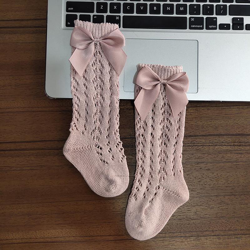 Cute Girls Knee High Socks Bows Cotton Breathable Soft Children Socks Hollow Out Non-slip Newborn Infant Long Socks - melvincucci