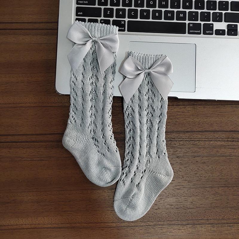 Cute Girls Knee High Socks Bows Cotton Breathable Soft Children Socks Hollow Out Non-slip Newborn Infant Long Socks - melvincucci