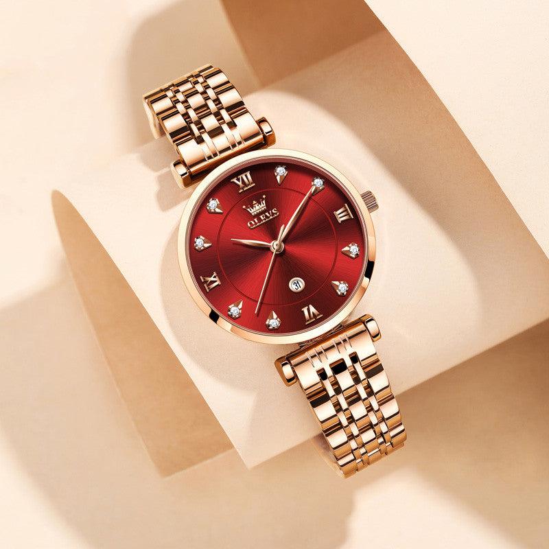 Calendar Quartz Watch Business Waterproof Ladies Watch Women's Steel Band Red Women's Watch - melvincucci