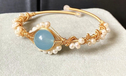 14K GoldWrapped Handmade Bracelet Hailan Baohai Sapphire Natural White Pearl Bracelet - melvincucci