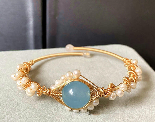 14K GoldWrapped Handmade Bracelet Hailan Baohai Sapphire Natural White Pearl Bracelet - melvincucci