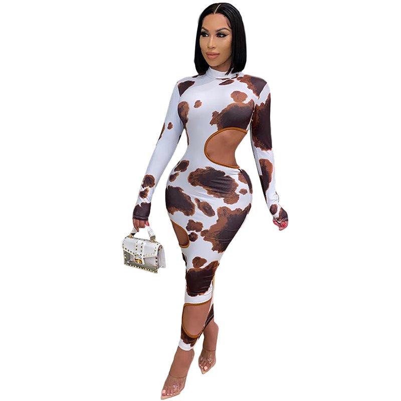 Weird Puss Hollow Out Women Irregular Hole Maxi Dresses Skinny Full Sleeve Skinny o-Neck Activewear Party Prom Club Street Style - melvincucci