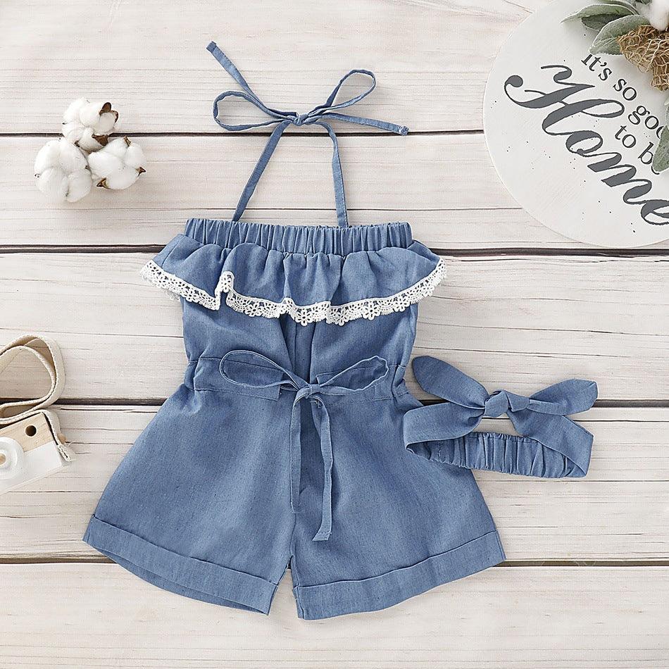 Ins Foreign Trade Platform For Cross-Border Infant Spinning Jeans Hanging Neck Jumpsuit Denim Headband Two-Piece Set - melvincucci