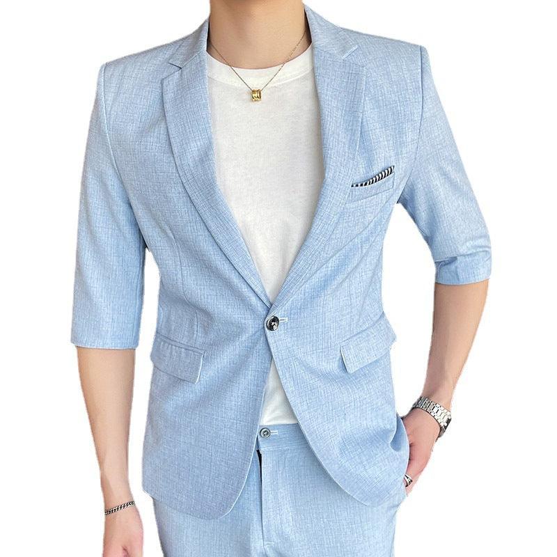 Men's Summer Thin Slim Small Plaid Middle-sleeved Three-quarter Sleeves Nine-point Pants Slim Suit - melvincucci