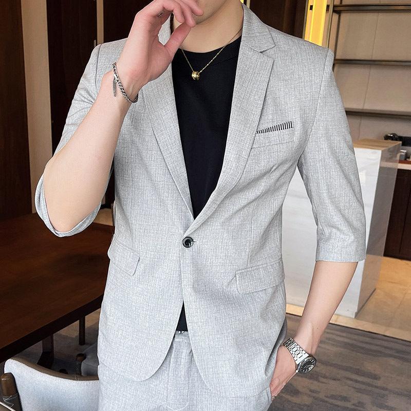 Men's Summer Thin Slim Small Plaid Middle-sleeved Three-quarter Sleeves Nine-point Pants Slim Suit - melvincucci