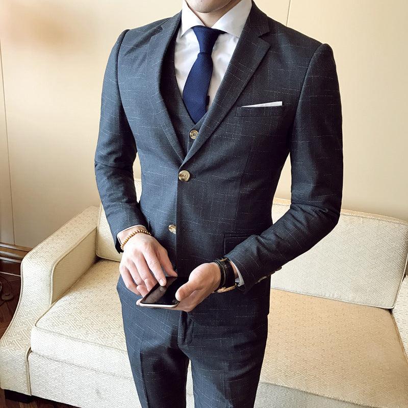 Slim-fit men's plaid print three-piece suit - melvincucci