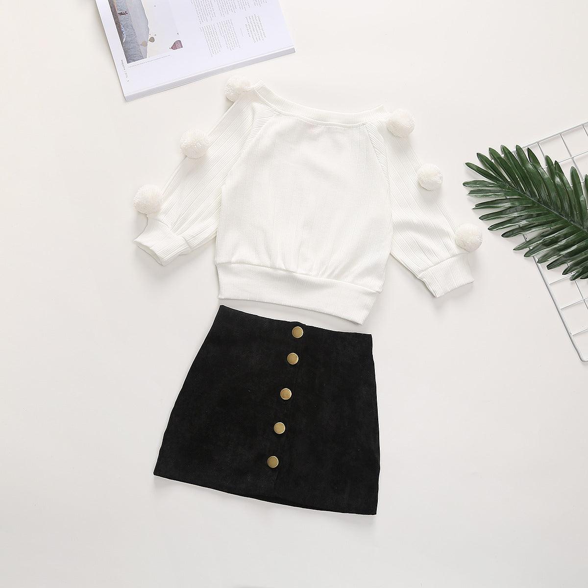 Cotton round neck long sleeve wool ball denim skirt - melvincucci