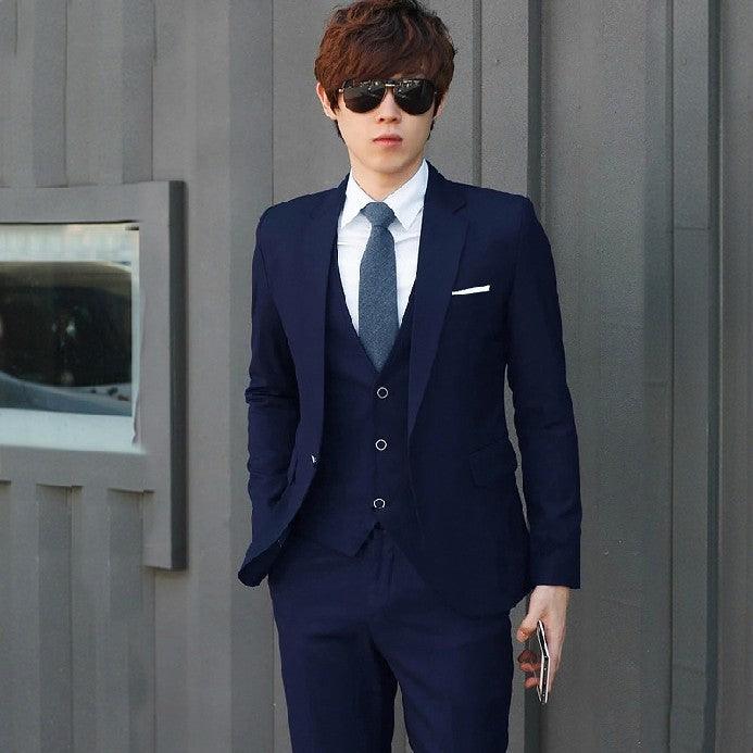 Solid color suit three-piece men's Korean version of the self-cultivation wedding dress business suit - melvincucci