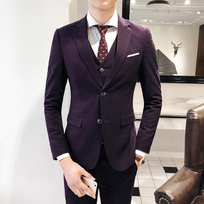 Slim-fit men's plaid print three-piece suit - melvincucci