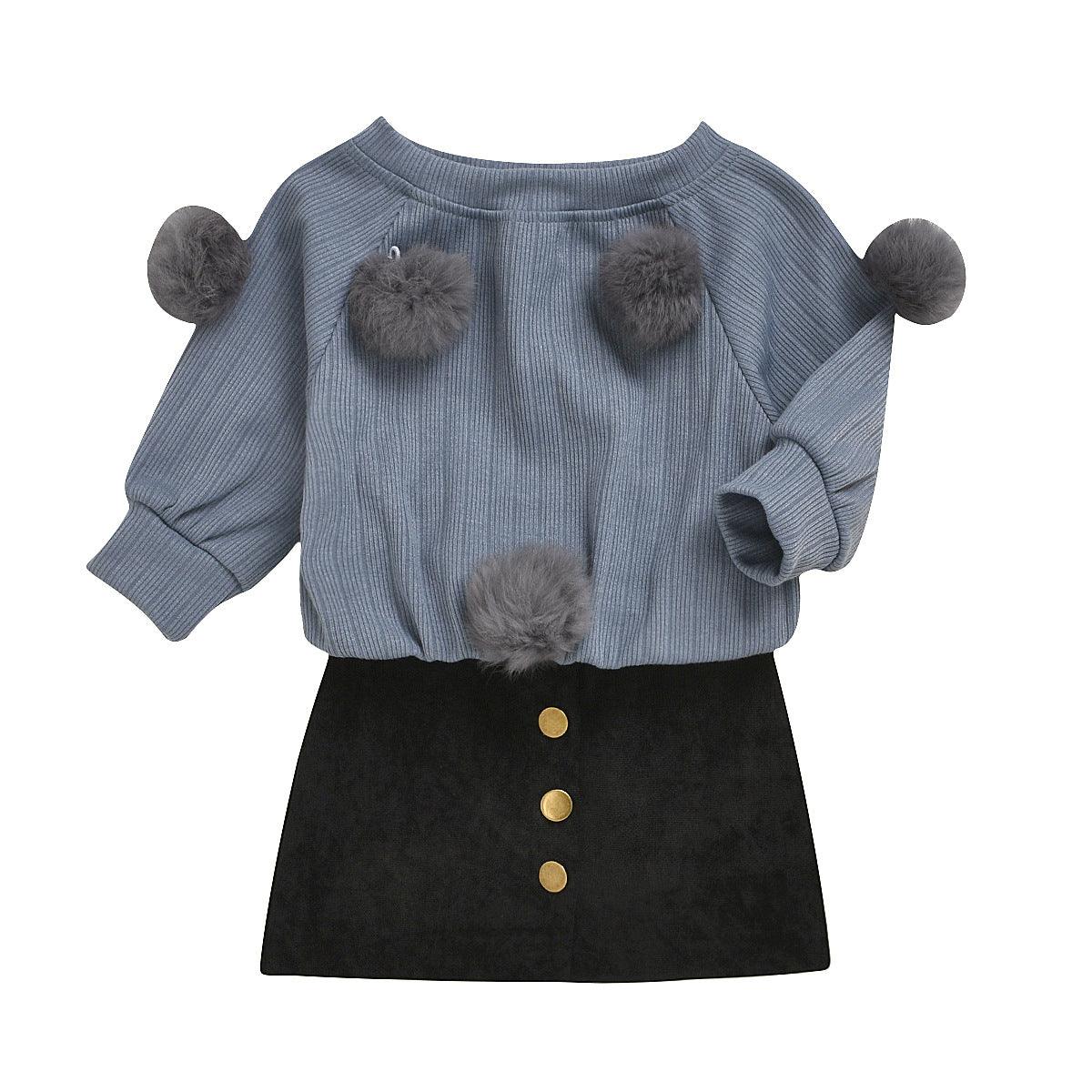 Cotton round neck long sleeve wool ball denim skirt - melvincucci