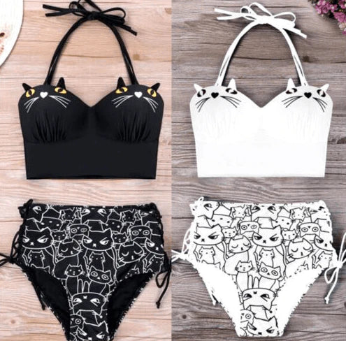2021 3D Beautiful Cats Print Waist Women High Bikini Swimwear Swimsuit Women Push-up Quilted Beachwear Bikini Swimwear - melvincucci