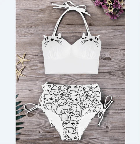 2021 3D Beautiful Cats Print Waist Women High Bikini Swimwear Swimsuit Women Push-up Quilted Beachwear Bikini Swimwear - melvincucci