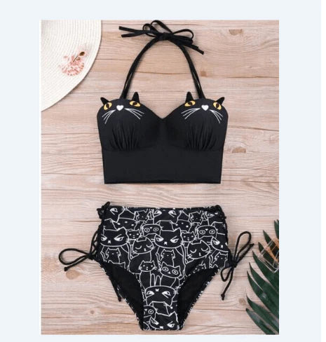 2021 3D Beautiful Cats Print Waist Women High Bikini Swimwear Swimsuit Women Push-up Quilted Beachwear Bikini Swimwear - melvincucci