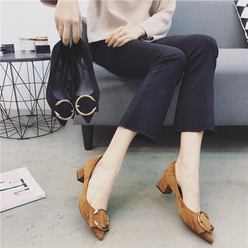 2021 autumn and winter new women's shoes, metal buckle and high heel shallow single shoe women's shoes - melvincucci