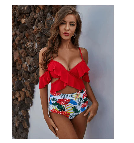 2021 New Sexy Ruffled High Waist Bikini Women's Cross Swimsuit Off-shoulder Bikini Suit Swimsuit Summer Beachwear - melvincucci