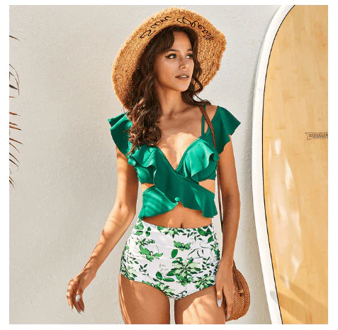 2021 New Sexy Ruffled High Waist Bikini Women's Cross Swimsuit Off-shoulder Bikini Suit Swimsuit Summer Beachwear - melvincucci