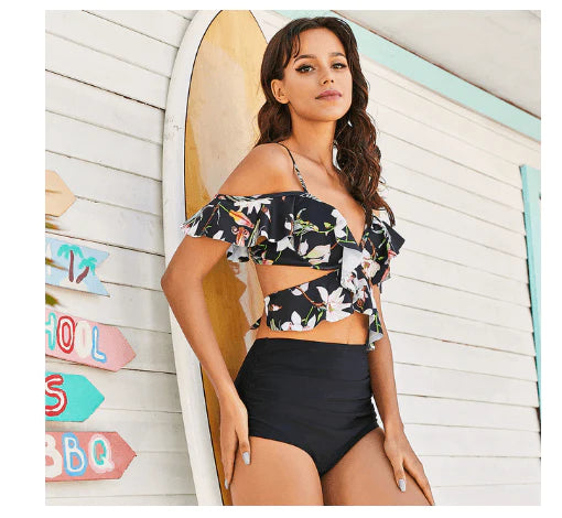2021 New Sexy Ruffled High Waist Bikini Women's Cross Swimsuit Off-shoulder Bikini Suit Swimsuit Summer Beachwear - melvincucci