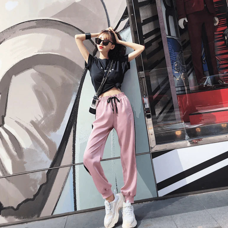 2021 New Women Fashion Side Striped Patchwork Drawstring Trousers Loose Joggers Cargo Pants Casual Sweatpants Sweat Pant - melvincucci