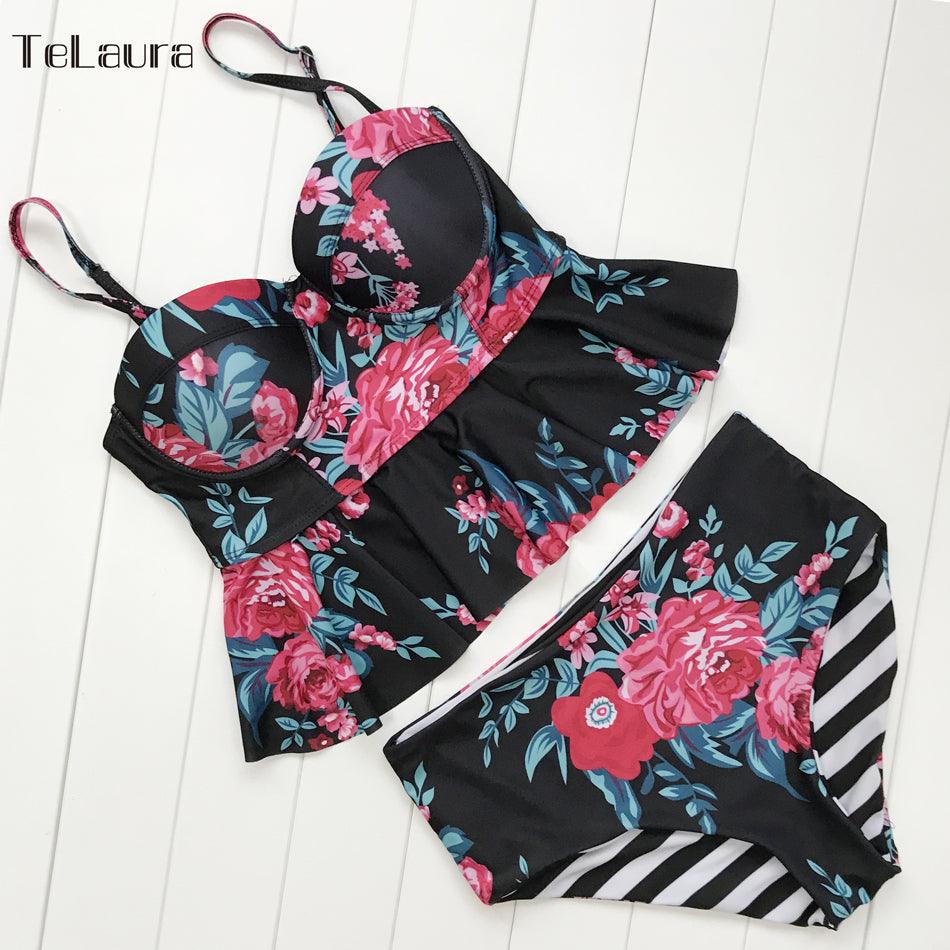 2021 Sexy Bikini Swimwear Women Push Up Swimsuit High Waisted Bathing Suit Floral Biquini Two Piece Bikinis Tankini Beachwear - melvincucci