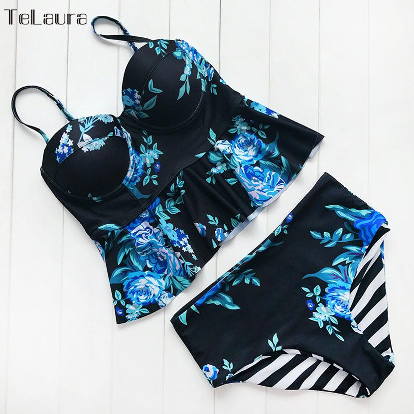 2021 Sexy Bikini Swimwear Women Push Up Swimsuit High Waisted Bathing Suit Floral Biquini Two Piece Bikinis Tankini Beachwear - melvincucci