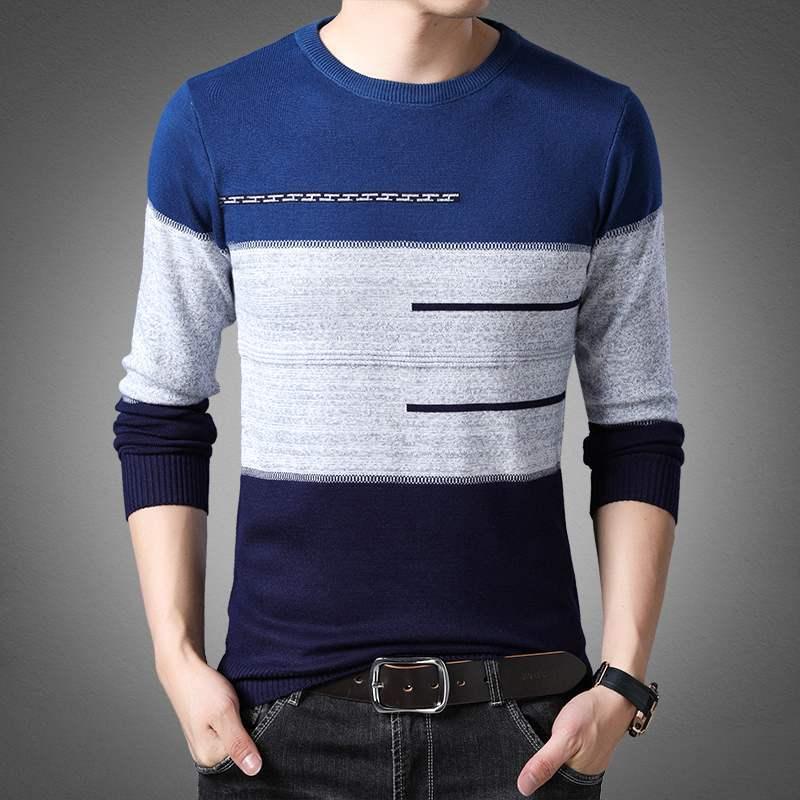 2021 Winter Pullover Men Round Collar Striped Cotton Sweaters Slim Fit Pull Homme Knitwear - melvincucci