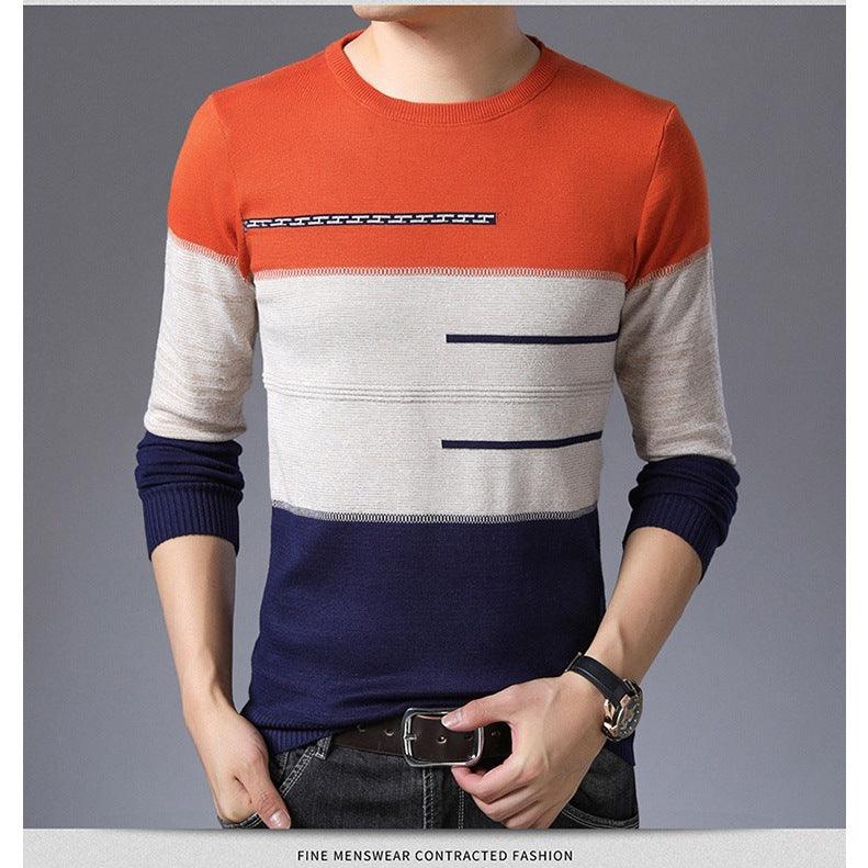 2021 Winter Pullover Men Round Collar Striped Cotton Sweaters Slim Fit Pull Homme Knitwear - melvincucci