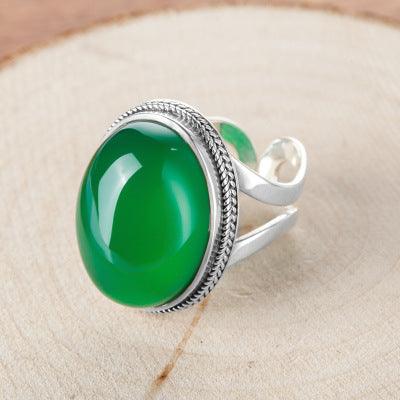 925 sterling silver Thai silver natural green chalcedony ring vintage index ring female exaggerated gemstone ring - melvincucci