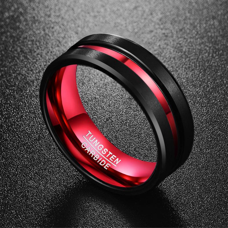 Men's 8mm Black and Red Tungsten Carbide Ring Matte Finish Beveled Edges - melvincucci