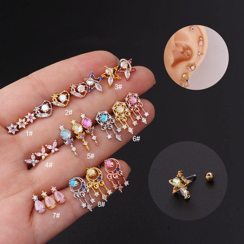 Stainless Steel Inlaid Colorful Zircon Screw Ball Fine Pin Earrings - melvincucci