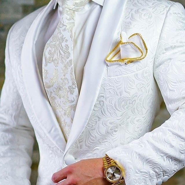 Custom Size Jacquard Groomsmen White Groom Tuxedos Shawl - melvincucci