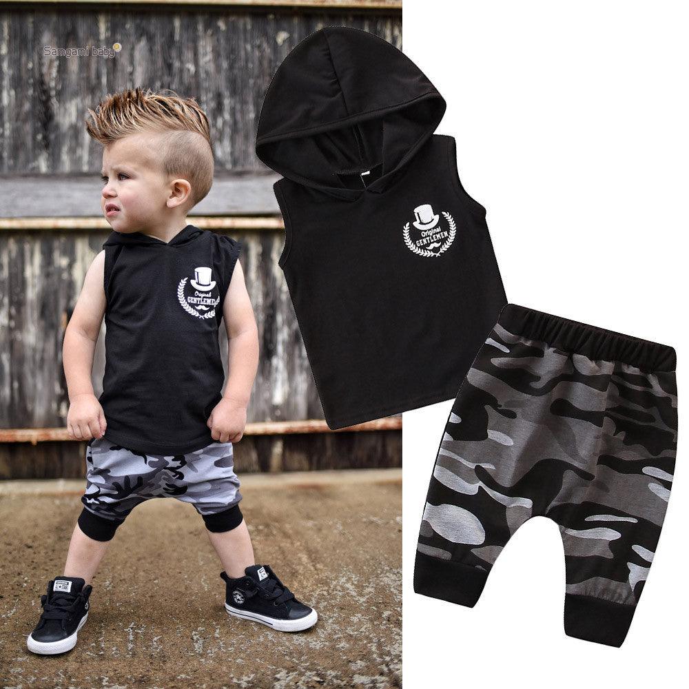 2PCS Toddler Kids Baby Boy Sleeveless Hooded Clothes T-shirt Tops Camo Pants Outfits - melvincucci
