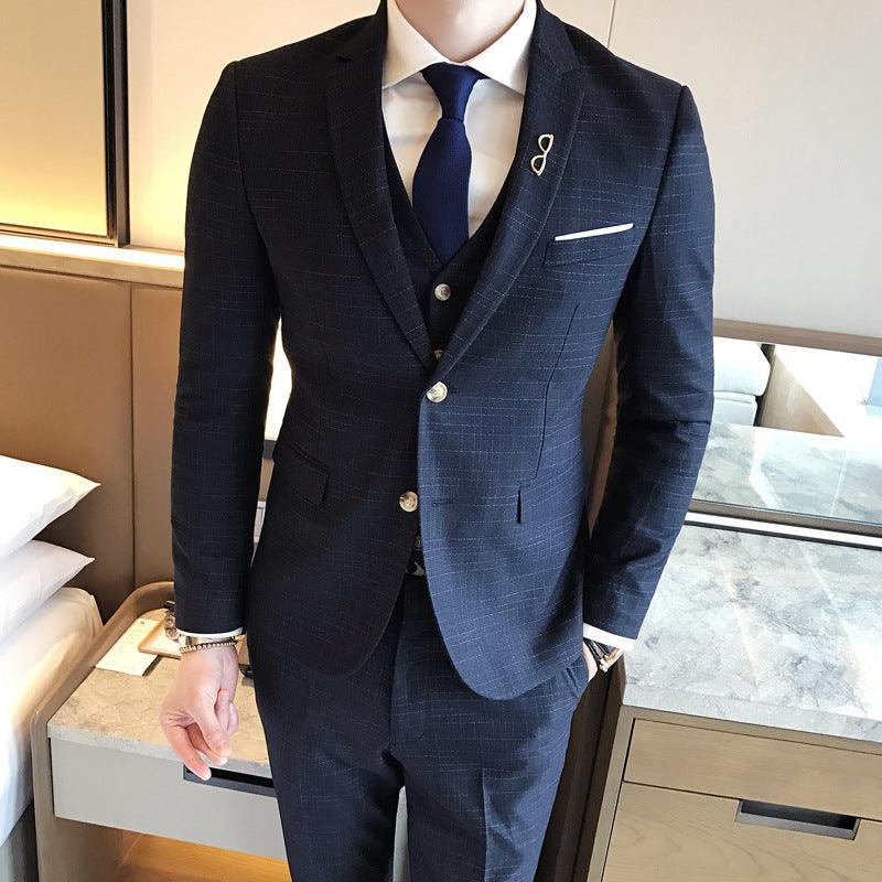 Slim-fit men's plaid print three-piece suit - melvincucci