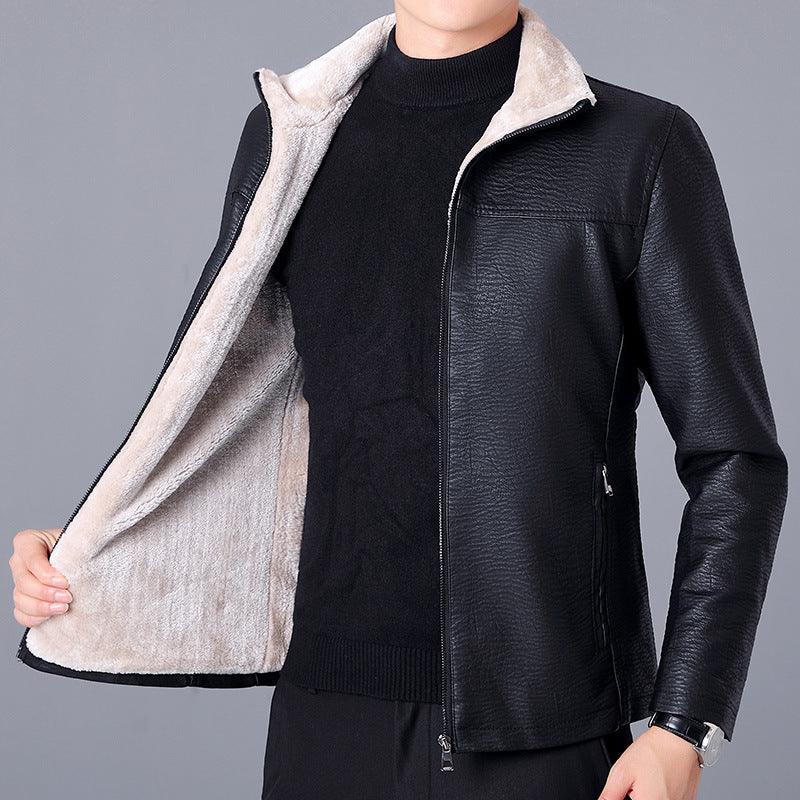 Men Stand Up Collar Plus Velvet Leather Casual - melvincucci