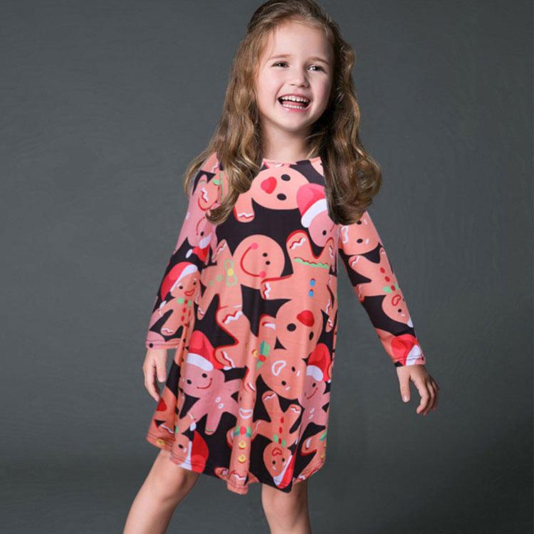 Fashion Casual Santa Printed Long Sleeve Girls Dress - melvincucci